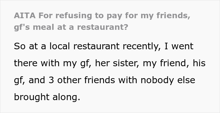 Text excerpt about a friend’s girlfriend ordering the most expensive meals knowing the guy is paying at a restaurant. Text excerpt about a friend’s girlfriend ordering the most expensive meals knowing the guy is paying at a restaurant.
