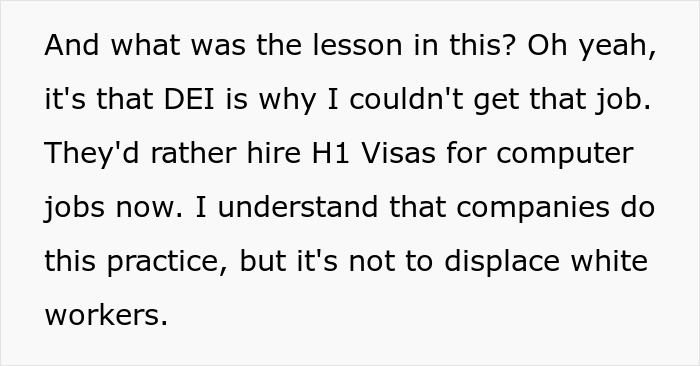 Text discussing DEI issues and challenges in getting jobs, mentioning preference for H1 Visas in computer roles. Text discussing DEI issues and challenges in getting jobs, mentioning preference for H1 Visas in computer roles.