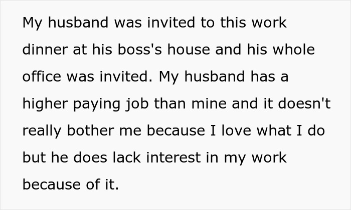 Text excerpt describing a man undermining wife’s job at a work dinner with his boss and coworkers. Text excerpt describing a man undermining wife’s job at a work dinner with his boss and coworkers.