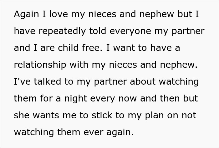 Text excerpt discussing aunt's boundary about babysitting nieces and nephew despite loving them dearly. Text excerpt discussing aunt's boundary about babysitting nieces and nephew despite loving them dearly.