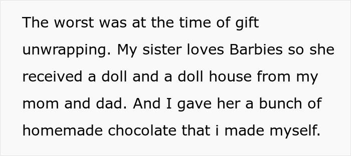 Text excerpt about gift unwrapping during a girl’s 11th birthday with homemade chocolate and dolls mentioned.