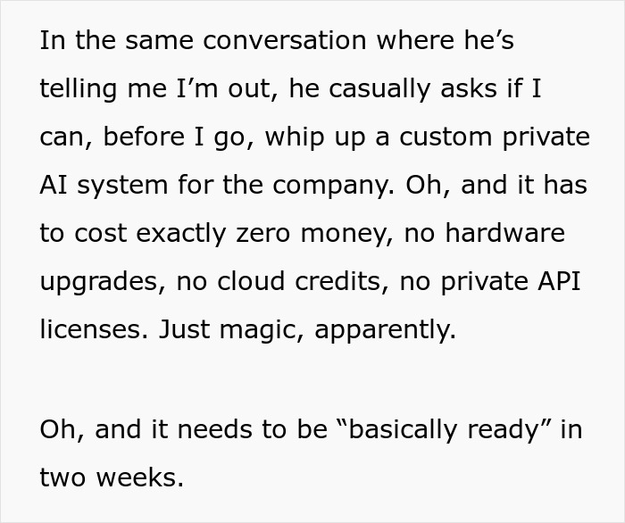Text about a worker being told to start a new project despite being fired, agreeing to it knowing they won't do it. Text about a worker being told to start a new project despite being fired, agreeing to it knowing they won't do it.