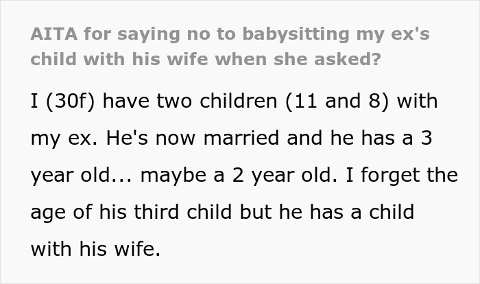 Text excerpt discussing a woman refusing babysitting her ex’s child and considering husband’s ex as a babysitter option. Text excerpt discussing a woman refusing babysitting her ex’s child and considering husband’s ex as a babysitter option.