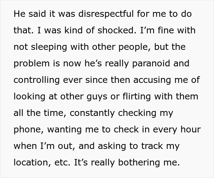Text describing controlling behavior in an open relationship with paranoia and accusations of flirting. Text describing controlling behavior in an open relationship with paranoia and accusations of flirting.