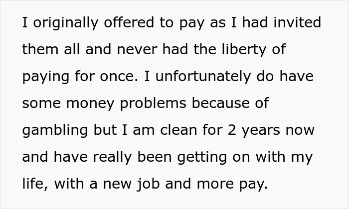 Text excerpt about friend’s girlfriend ordering expensive meals, highlighting the expensive meals and payment conflict. Text excerpt about friend’s girlfriend ordering expensive meals, highlighting the expensive meals and payment conflict.
