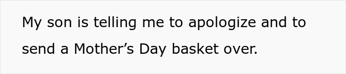 Text on a white background reading My son is telling me to apologize and to send a Mother’s Day basket over, about dog mom DIL equality. Text on a white background reading My son is telling me to apologize and to send a Mother’s Day basket over, about dog mom DIL equality.