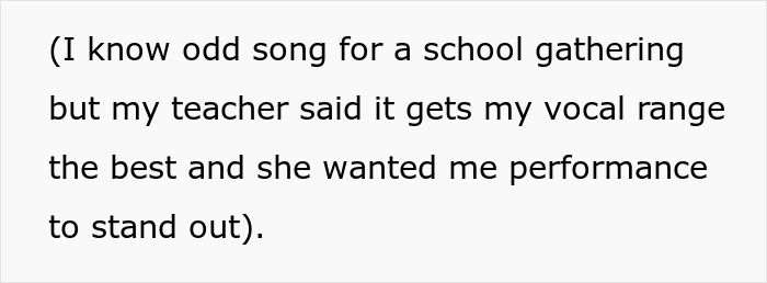 Text on screen showing a personal message about performing an unusual song at a school gathering. Text on screen showing a personal message about performing an unusual song at a school gathering.