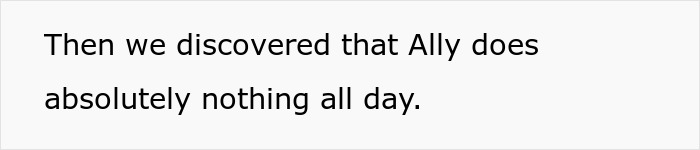 Text on a white background stating that Ally does absolutely nothing all day, highlighting a lazy employee scenario. Text on a white background stating that Ally does absolutely nothing all day, highlighting a lazy employee scenario.