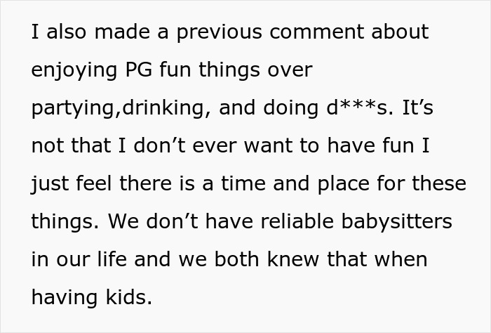 Text about preferring PG fun, avoiding partying and drinking, and challenges with unreliable babysitters after having kids. Text about preferring PG fun, avoiding partying and drinking, and challenges with unreliable babysitters after having kids.