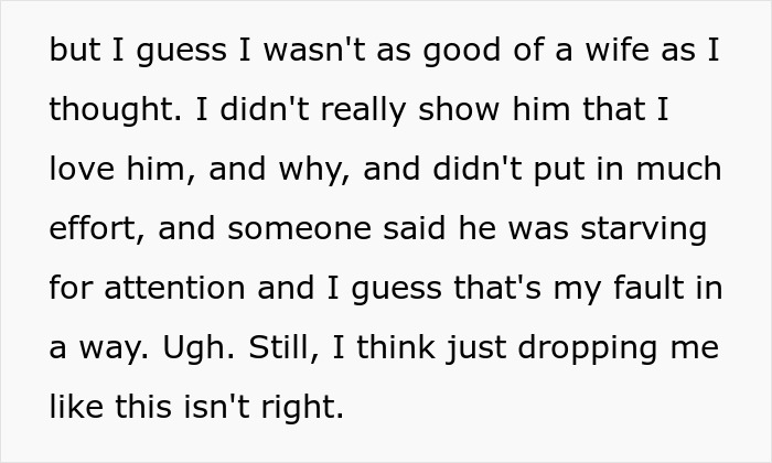 Text excerpt from a woman reflecting on her husband leaving her after being hit on for the first time in his life. Text excerpt from a woman reflecting on her husband leaving her after being hit on for the first time in his life.