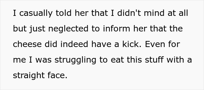 Text excerpt about person casually telling roommate about spicy cheese after food stealing, highlighting revenge on roommate. Text excerpt about person casually telling roommate about spicy cheese after food stealing, highlighting revenge on roommate.