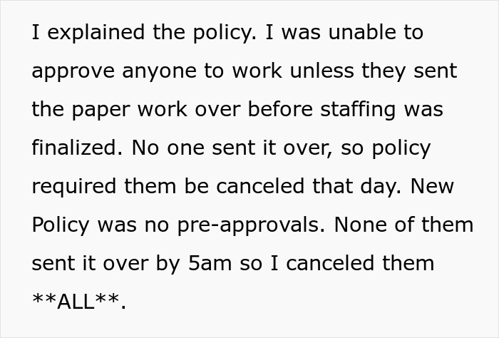Text explaining how a new policy led to cancellation of all workers at a medical facility due to missing paperwork. Text explaining how a new policy led to cancellation of all workers at a medical facility due to missing paperwork.