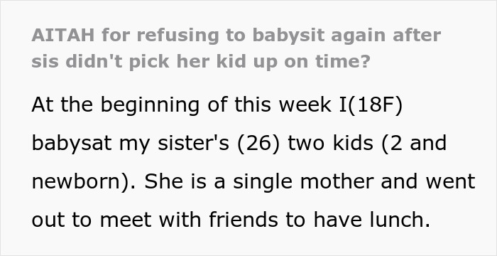 18-year-old babysits sister’s two kids for four days after sister leaves during lunch, calling it no big deal. 18-year-old babysits sister’s two kids for four days after sister leaves during lunch, calling it no big deal.