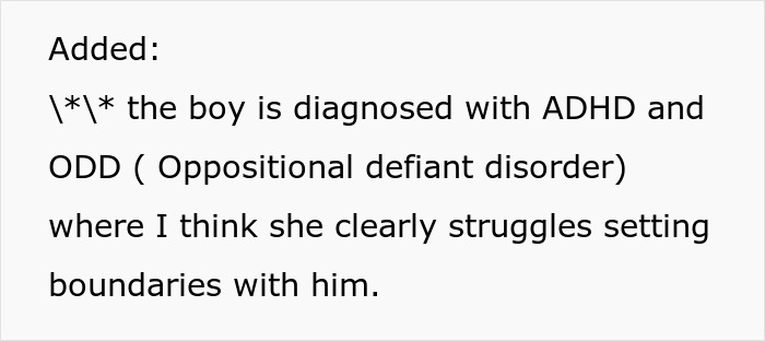 Text excerpt discussing a boy with ADHD and ODD, highlighting struggles with boundary setting in a family context.
