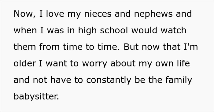 Text excerpt expressing feeling burned out from babysitting nieces and nephews, wanting personal time instead. Text excerpt expressing feeling burned out from babysitting nieces and nephews, wanting personal time instead.