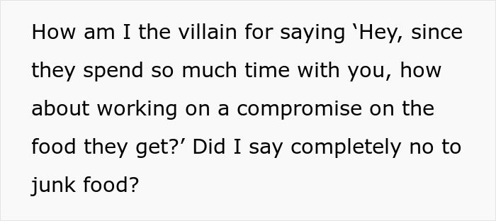 Text screenshot showing a mom explaining her refusal to leave kids with MIL due to concerns over fast food being served. Text screenshot showing a mom explaining her refusal to leave kids with MIL due to concerns over fast food being served.