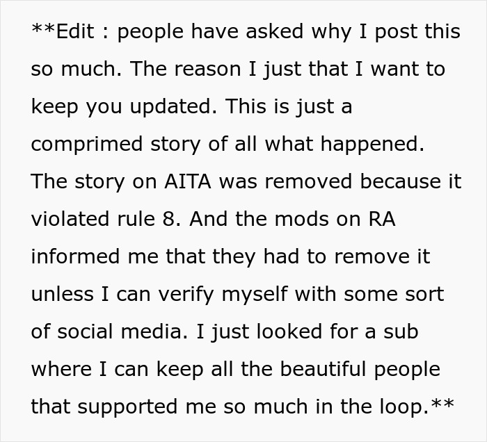 Text post explaining why a story about a couple booking a wedding venue early was removed from a platform. Text post explaining why a story about a couple booking a wedding venue early was removed from a platform.