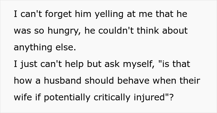 Text excerpt about wife emotionally checking out while scared and bruised in ER, husband focused on TikTok and takeout. Text excerpt about wife emotionally checking out while scared and bruised in ER, husband focused on TikTok and takeout.