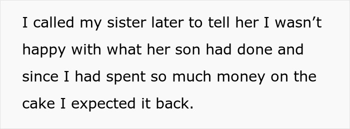 Text excerpt showing a woman explaining why she excluded her nephew from her son's birthday after he ruined the last one. Text excerpt showing a woman explaining why she excluded her nephew from her son's birthday after he ruined the last one.