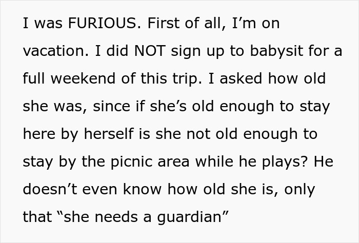 Text excerpt expressing frustration about refusing to babysit BF’s niece during vacation and boundary setting. Text excerpt expressing frustration about refusing to babysit BF’s niece during vacation and boundary setting.