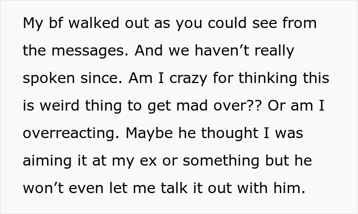 Screenshot of a text message conversation showing a boyfriend walking out over how his girlfriend connects with her school song performance. Screenshot of a text message conversation showing a boyfriend walking out over how his girlfriend connects with her school song performance.