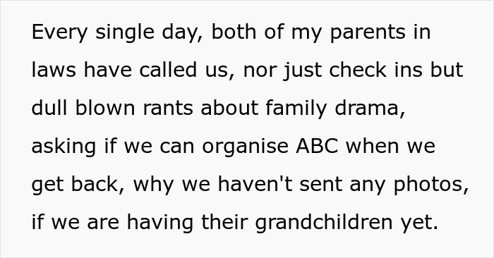 Text excerpt showing a helicopter mom repeatedly calling about grandchildren during a couple’s honeymoon trip. Text excerpt showing a helicopter mom repeatedly calling about grandchildren during a couple’s honeymoon trip.