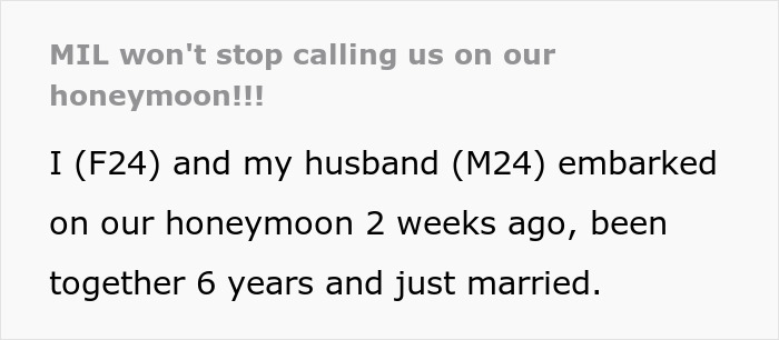 Helicopter mom disrupts couple’s honeymoon with nonstop calls asking about grandkids on day two of their trip. Helicopter mom disrupts couple’s honeymoon with nonstop calls asking about grandkids on day two of their trip.