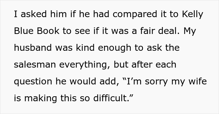 Text excerpt showing a wife asking about Kelly Blue Book value as husband struggles with a basic task during move. Text excerpt showing a wife asking about Kelly Blue Book value as husband struggles with a basic task during move.
