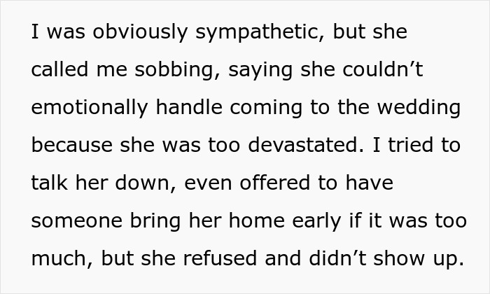 Text excerpt describing maid of honor missing sister’s wedding due to emotional distress after losing dog and not showing up. Text excerpt describing maid of honor missing sister’s wedding due to emotional distress after losing dog and not showing up.