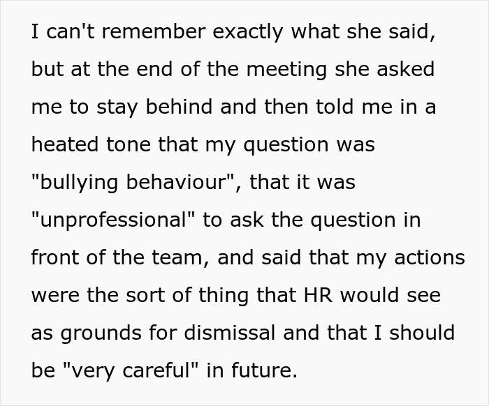 Text excerpt describing a boss accusing an employee of bullying for asking questions, leading to potential dismissal. Text excerpt describing a boss accusing an employee of bullying for asking questions, leading to potential dismissal.
