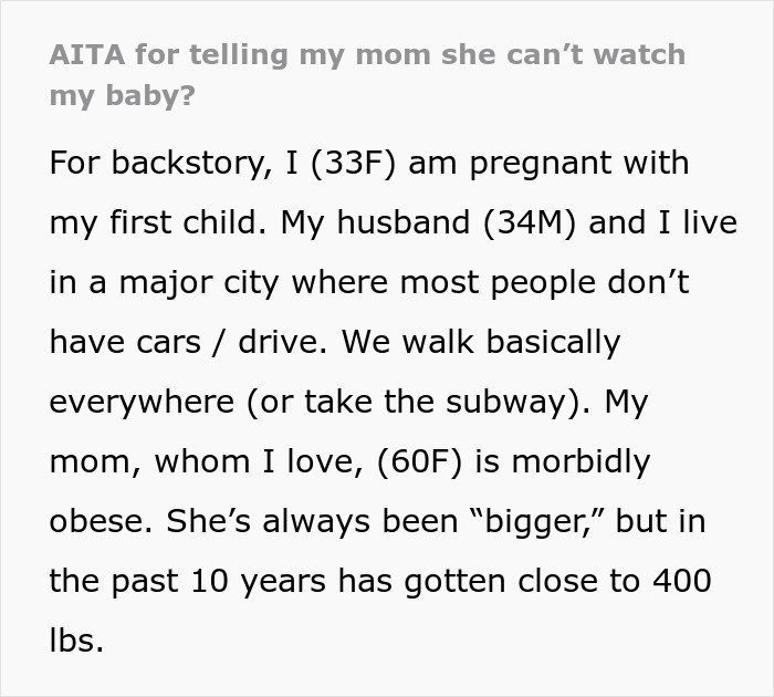 Pregnant woman explains why she won’t let obese mom babysit newborn, sparking fat shaming debate online. Pregnant woman explains why she won’t let obese mom babysit newborn, sparking fat shaming debate online.