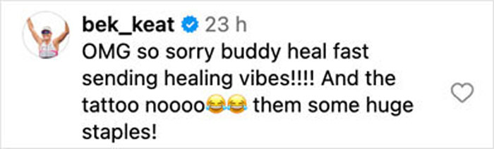 Instagram comment from bek_keat sending healing vibes and reacting to Pink's husband post surgery bike accident staples.