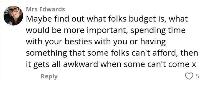 Screenshot of a social media comment discussing budget concerns related to paying for hen parties debates online. Screenshot of a social media comment discussing budget concerns related to paying for hen parties debates online.