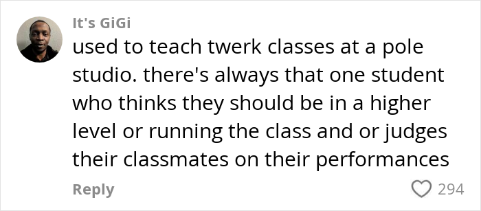 Commenter It's GiGi sharing an opinion on class dynamics related to weight and Pilates controversy online. Commenter It's GiGi sharing an opinion on class dynamics related to weight and Pilates controversy online.