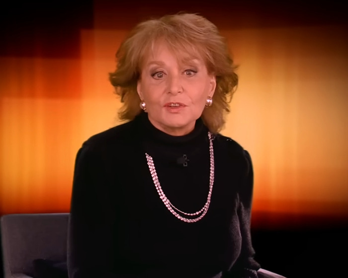 Barbara Walters in a televised interview, wearing black and a silver necklace, discussing Taylor Swift's brutal interrogation.