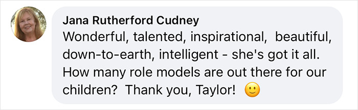 User comment praising Taylor Swift as a talented and inspirational role model for children, thanking her. User comment praising Taylor Swift as a talented and inspirational role model for children, thanking her.