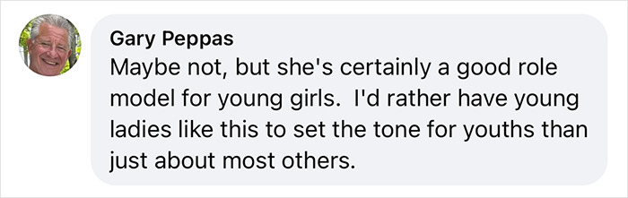 Comment by Gary Peppas discussing Taylor Swift as a good role model for young girls in a social media post.