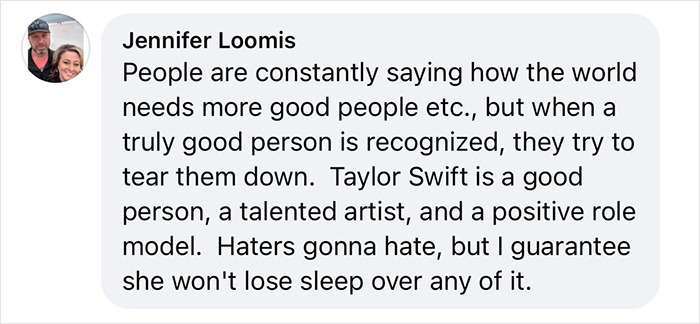 Screenshot of a social media comment defending Taylor Swift as a talented artist and positive role model against critics.