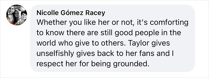 Comment praising Taylor Swift for being grounded and giving back to fans, related to Taylor Swift brutal interrogation.