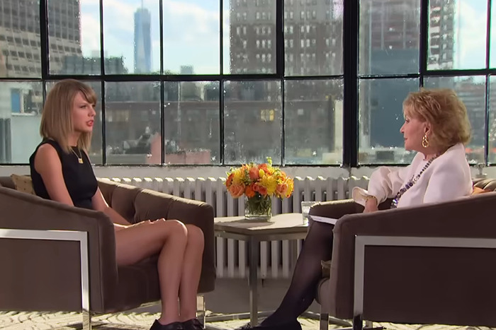 Taylor Swift and Barbara Walters engaged in a tense interview in a bright room with city views behind them.