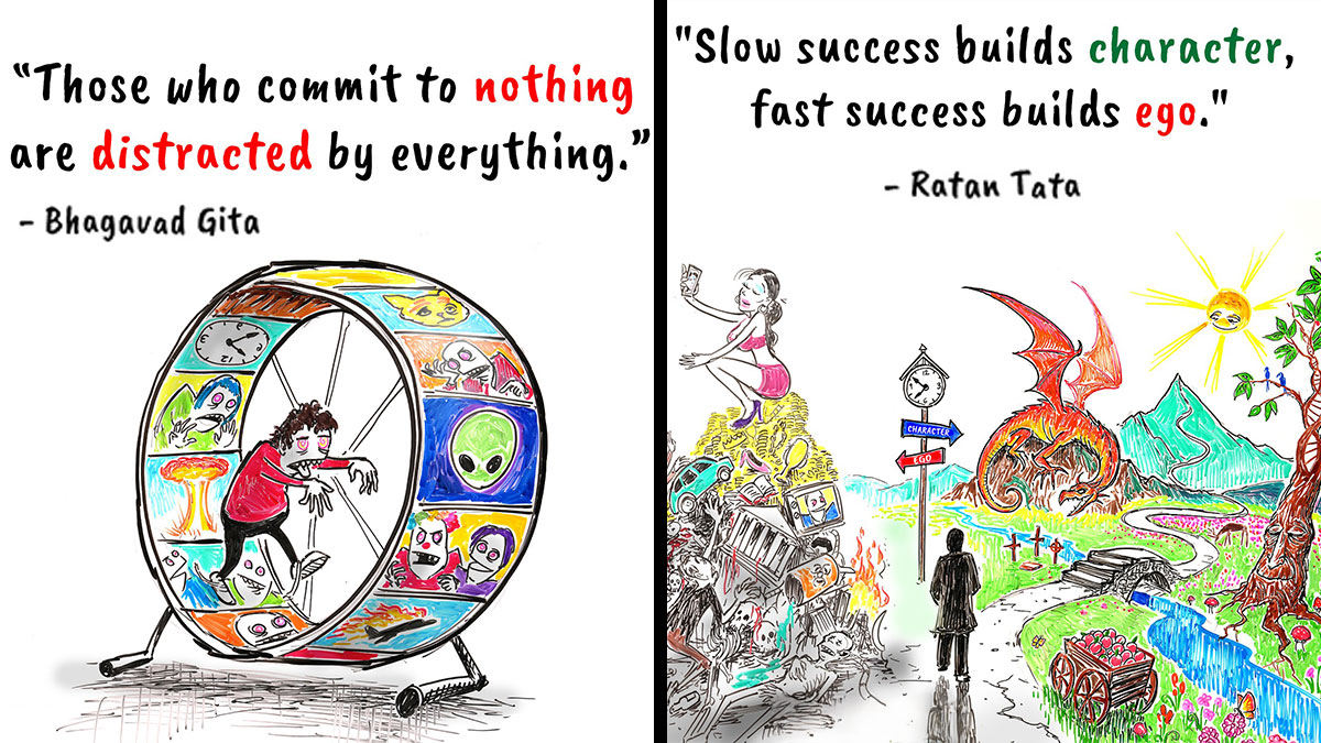 Illustrations exploring philosophy and self-discovery featuring quotes about focus, character, and ego with colorful symbolic drawings.