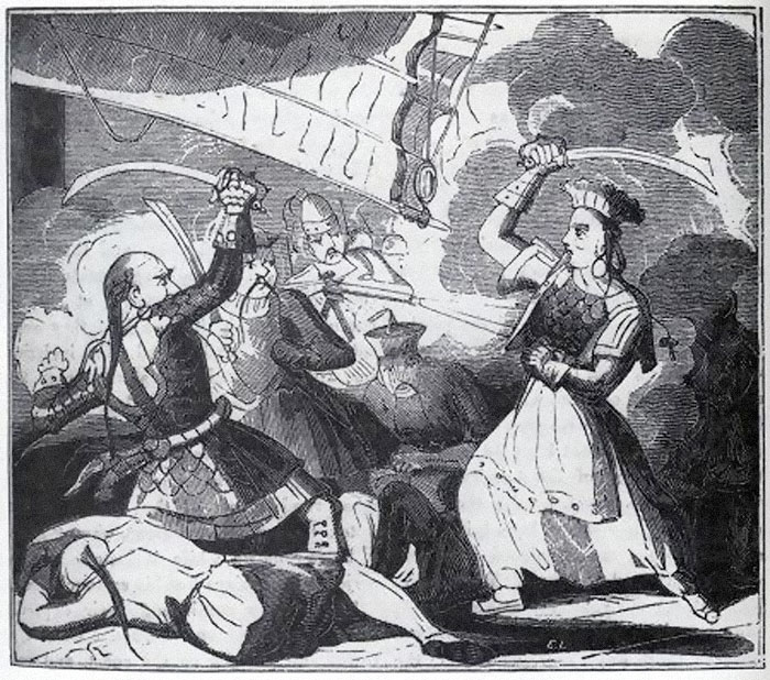 Black and white illustration of a bizarre historical sword fight scene with armed figures in dramatic action.