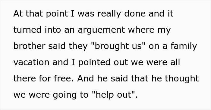 Text excerpt showing an argument about parents inviting a couple on vacation to use them for free babysitting help out. Text excerpt showing an argument about parents inviting a couple on vacation to use them for free babysitting help out.