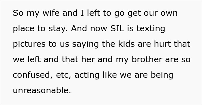 ALT text: Text message about parents using couple for free babysitting and the couple leaving the vacation feeling unreasonable. ALT text: Text message about parents using couple for free babysitting and the couple leaving the vacation feeling unreasonable.