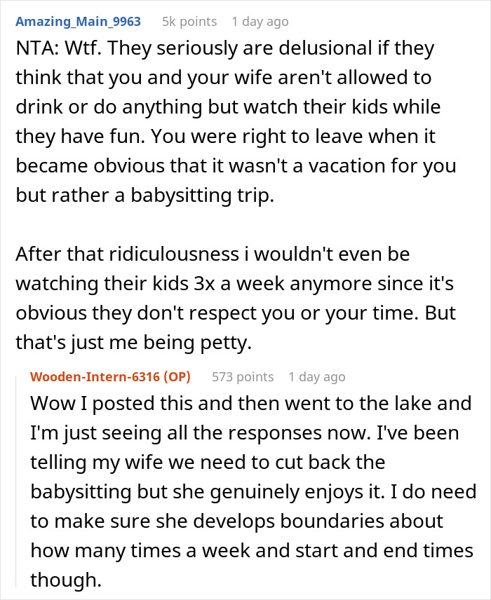 Reddit conversation discussing parents inviting couple on vacation to use them for free babysitting and setting boundaries. Reddit conversation discussing parents inviting couple on vacation to use them for free babysitting and setting boundaries.
