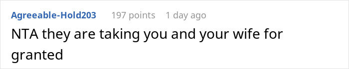 Reddit comment discussing parents inviting a couple on vacation to use them for free babysitting and feeling unappreciated. Reddit comment discussing parents inviting a couple on vacation to use them for free babysitting and feeling unappreciated.