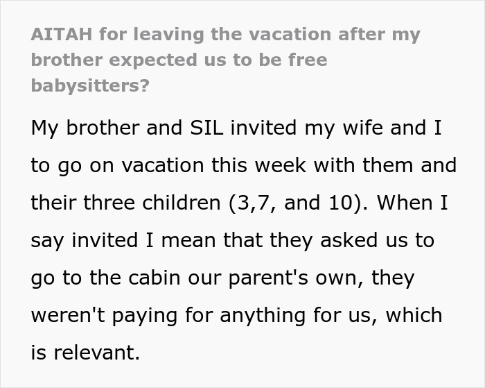 Text discussing a couple invited on vacation by parents who expected free babysitting, causing them to leave early. Text discussing a couple invited on vacation by parents who expected free babysitting, causing them to leave early.