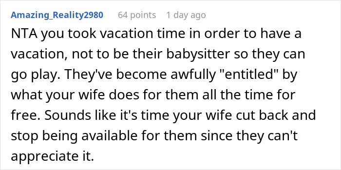 Comment discussing parents inviting couple on vacation to use them for free babysitting and the couple deciding to leave. Comment discussing parents inviting couple on vacation to use them for free babysitting and the couple deciding to leave.