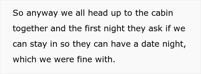 Text on a white background describing a couple being invited on vacation by parents to babysit for free on their date night. Text on a white background describing a couple being invited on vacation by parents to babysit for free on their date night.