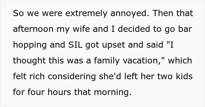 Text excerpt showing a couple annoyed after being invited on vacation and used for free babysitting by parents. Text excerpt showing a couple annoyed after being invited on vacation and used for free babysitting by parents.